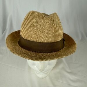 Dorfman Pacific Fedora Hat XL Scala Toyo Poly Lightweight Beige Brown Woven EUC